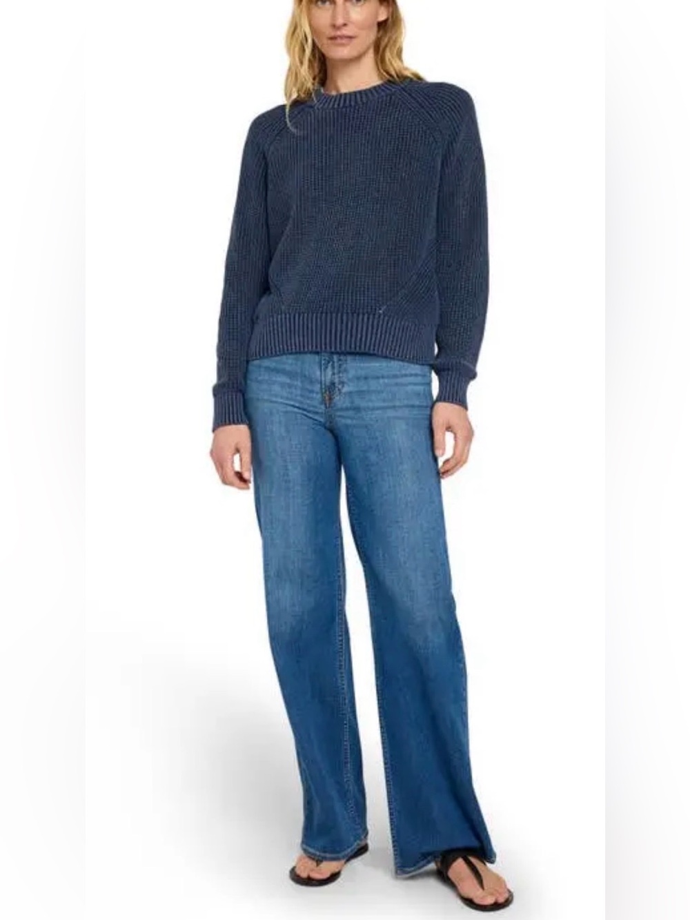 Faherty Sunwashed Organic Cotton Fisherman Sweater Blue Medium